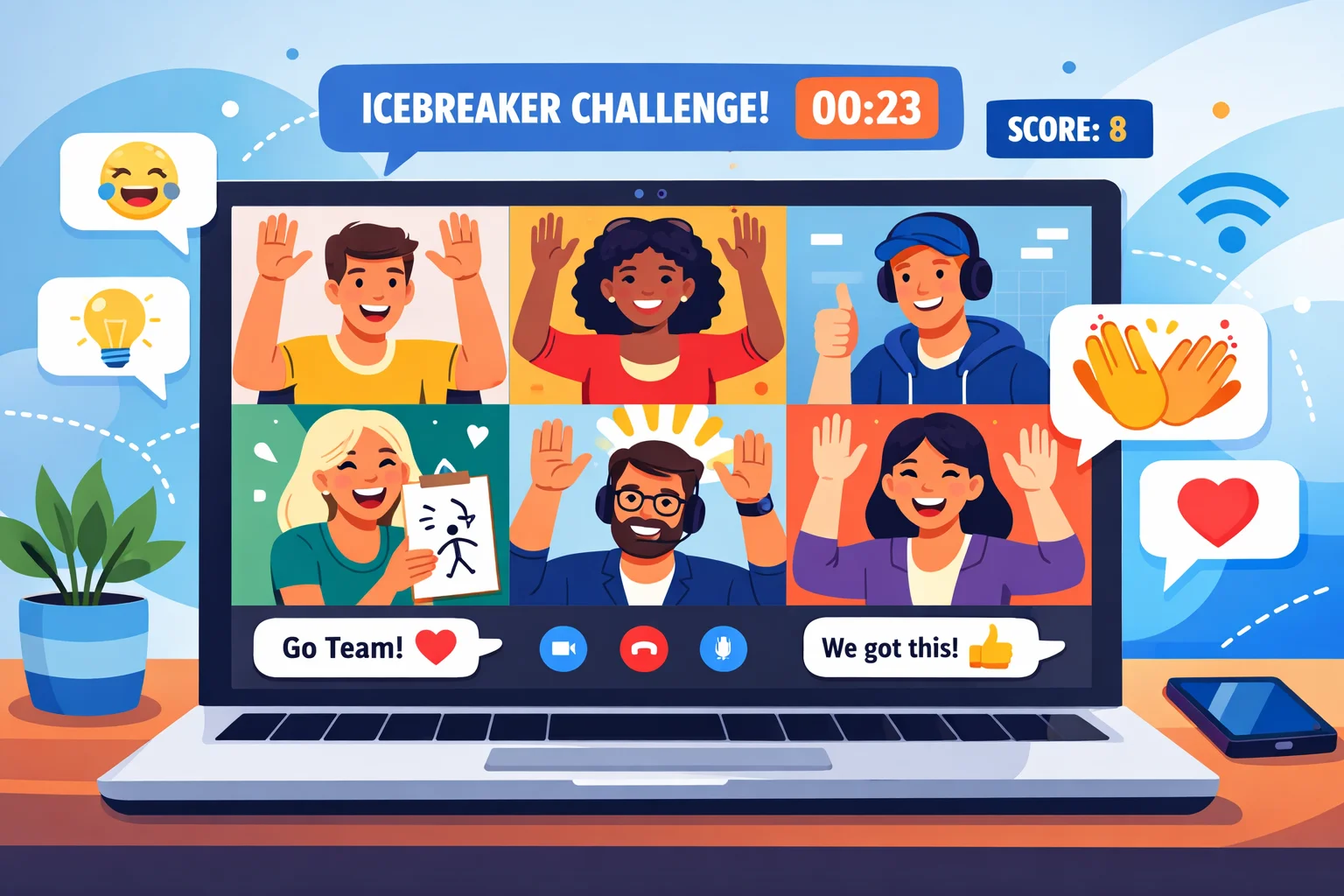 Virtual team doing ice breaker game on video conference