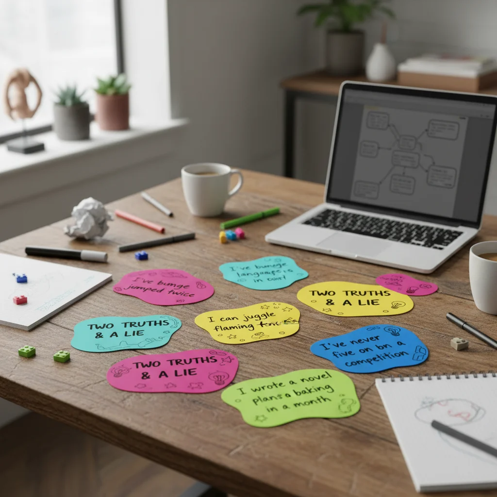Creative two truths and a lie statement cards on table
