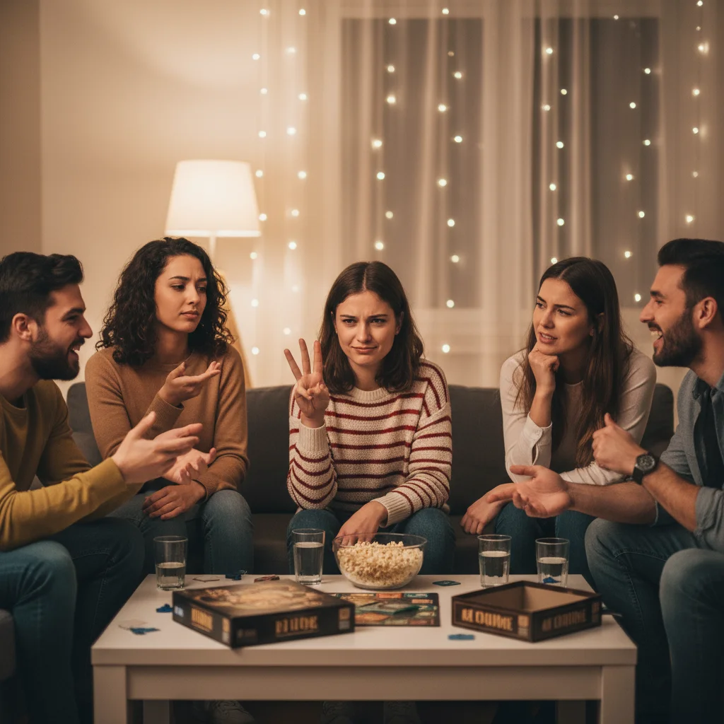 People playing two truths and a lie game with thinking expressions